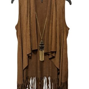 Faux Suede Brown Fringed Vest with Necklace, NWOT
